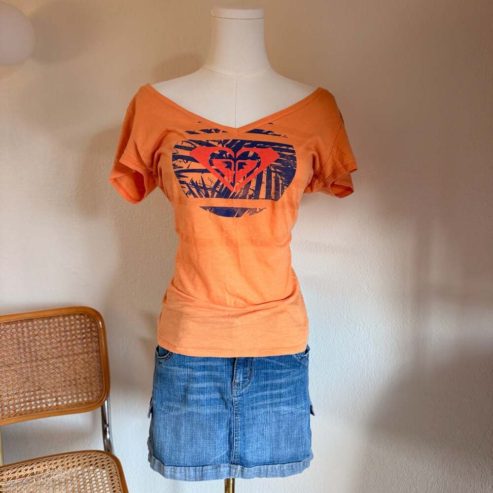 Roxy Orange V-Neck Graphic T-Shirt Size Large